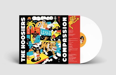 "THE HOOSIERS" links, "COMPASSION" rechts. Bunte Illustration mit Tiger, Wolken, Palmen, und japanischen Schriftzeichen.