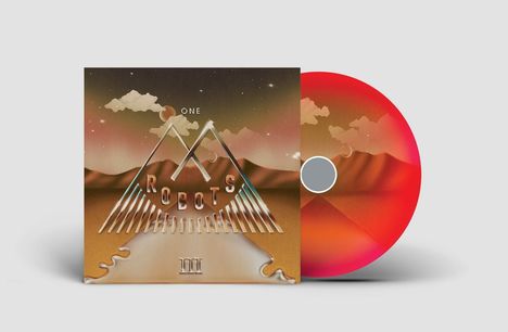 Text: "ONE ROBOTS III". Illustration: Wüstenlandschaft mit Bergen und Wolken in warmen Farben. CD rot.