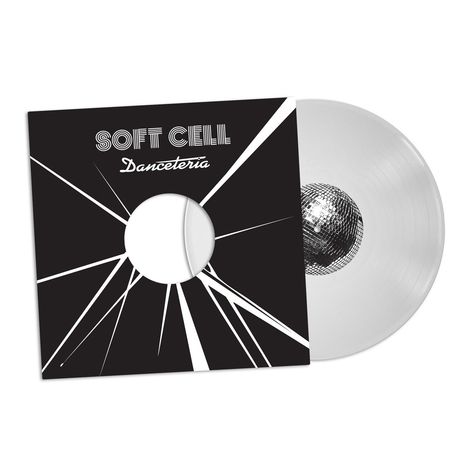"SOFT CELL Danceteria" in weißer Schrift auf schwarzem Hintergrund. Eine Vinyl-Schallplatte mit einem stilisierten Design.