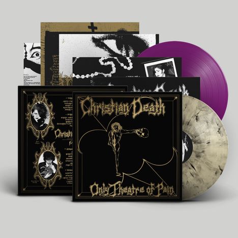 Text: "Christian Death - Only Theatre of Pain". Plattencover mit künstlerischem Design, zwei Schallplatten: lila und marmoriert.