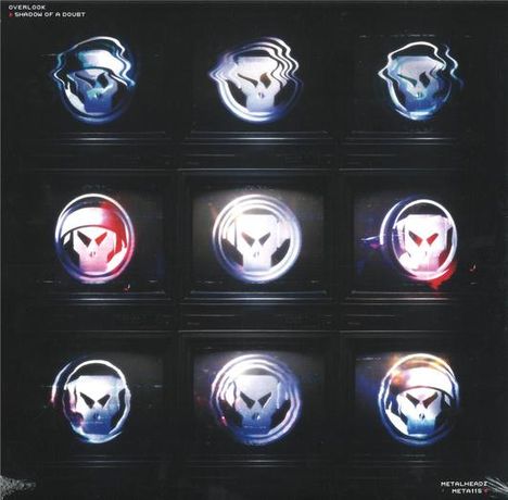 "Overlook", "Shadow of a Doubt", "Metalheadz", "META18". Neun verzerrte Totenkopf-Logos auf Bildschirmen in Rasteranordnung.