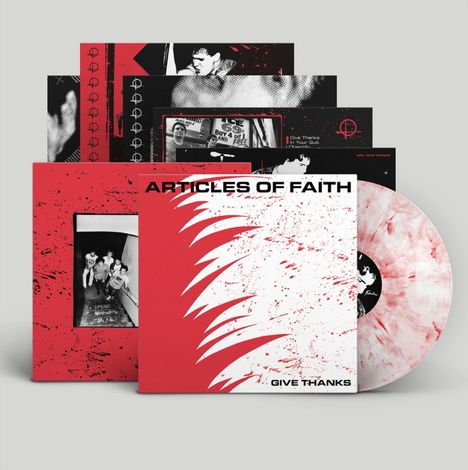 Texte: "ARTICLES OF FAITH", "GIVE THANKS". Plattencover rot-weiß. Schwarze und rote Grafiken im Hintergrund. Vinyl sichtbar.