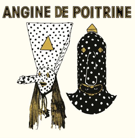 "ANGINE DE POITRINE." Zwei maskierte Figuren mit Punktmustern und goldenen Details, kreativ und geheimnisvoll gestaltet.