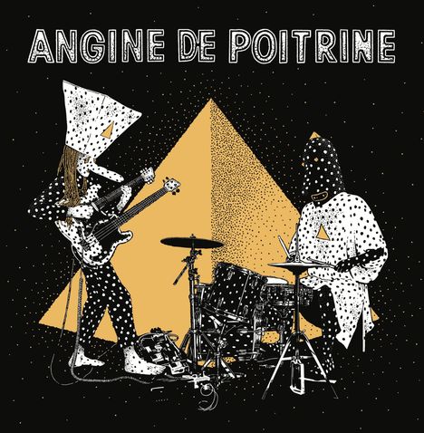 Text: "ANGINE DE POITRINE". Zwei stilisierte Musiker spielen Bass und Schlagzeug vor einem gelben Dreieck.