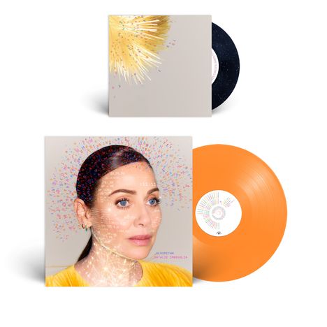 Cover: "ALGORITHM" und "NATALIE IMBRUGLIA", Grafik eines Gesichts mit bunten Zahlen. Zwei Schallplatten, eine orange und eine schwarz.