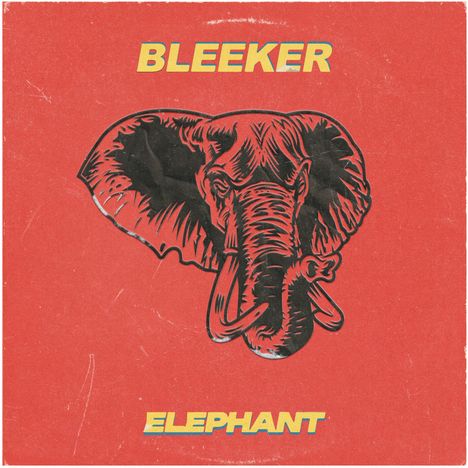 Text: "BLEEKER", "ELEPHANT". Illustration eines Elefantenkopfes auf rotem Hintergrund.