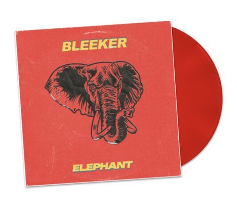 „BLEEKER“ oben und „ELEPHANT“ unten. Illustration eines Elefantenkopfes auf rotem Hintergrund, rotes Vinyl sichtbar.