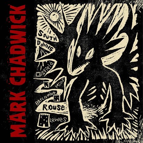 Text: Mark Chadwick, South Downs, Misfield, Barcombe Mills, Rouse, Lewes.  
Illustration: Ein stilisiertes Wesen mit großen Augen.