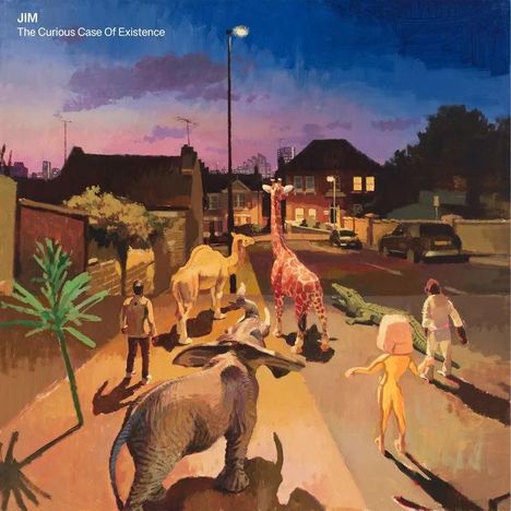 Text: "JIM The Curious Case Of Existence". Eine Illustration zeigt Tiere auf einer beleuchteten Straße bei Sonnenuntergang.