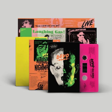 Texte lauten: "How LOW can you go?", "Laughing Gas!", "DEVO Nitrous Air Nightmare", "Halloween LIVE!". Illustration von gruseligen Gesichtern.