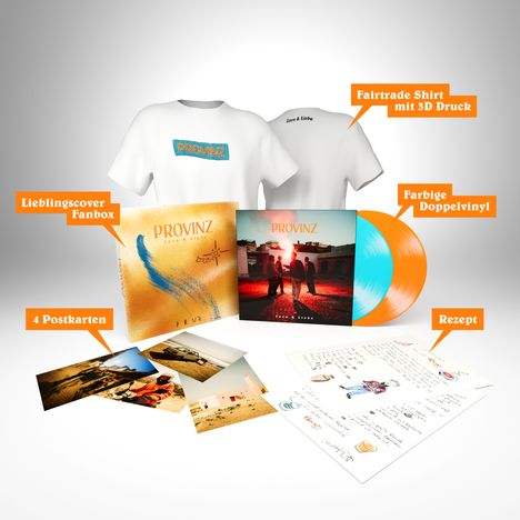 Provinz: Zorn &amp; Liebe (Fanbox) (Limited Re-Edition Lieblingscover) (Orange Transparent und Curacao Blue Vinyl), 2 LPs und 1 Merchandise
