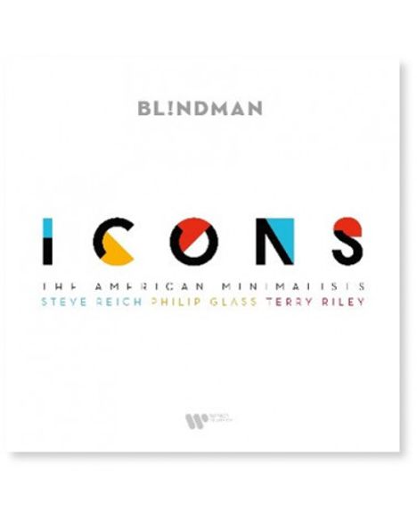 Text: "BL!NDMAN", "ICONS", "The American Minimalists", "Steve Reich", "Philip Glass", "Terry Riley". Klare, moderne Gestaltung.