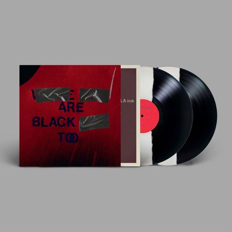 "WE ARE BLACK TOO" auf rotem Cover, teils überklebt. Drei schwarze Schallplatten daneben.