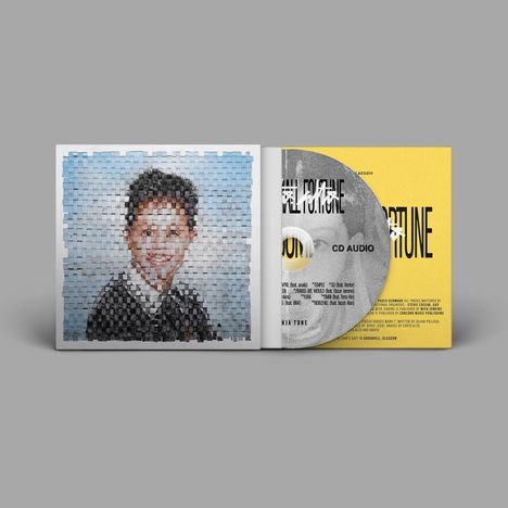 CD mit Text "Ninja Tune" und "CD Audio" auf gelbem Hintergrund. Links ein gewebtes Porträt eines lächelnden Kindes.