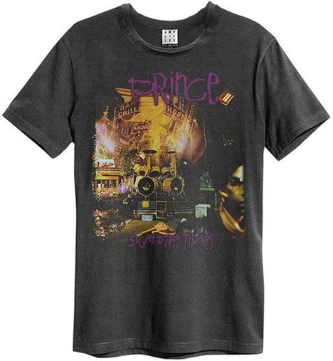Text "PRINCE" in Lila und "SIGN O' THE TIMES" unten. Schwarz bedrucktes T-Shirt mit buntem Konzertmotiv.