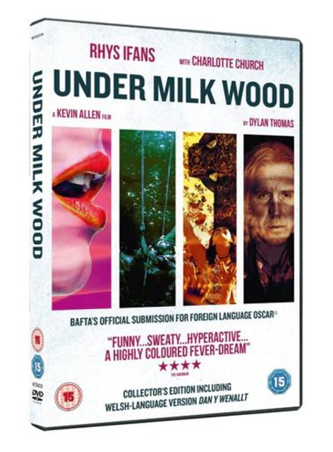 DVD-Hülle "Under Milk Wood", Rhys Ifans und Charlotte Church, bunte Collage, BAFTA-Einreichung, Bewertung: vier Sterne.