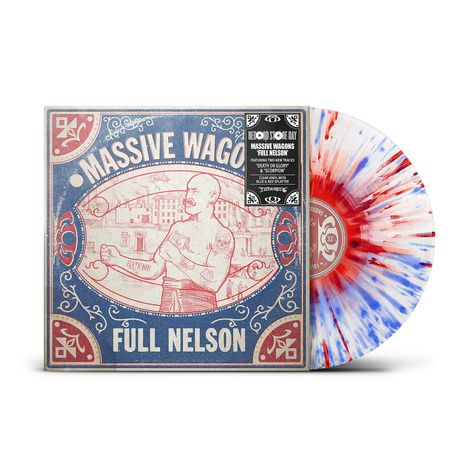 "Massive Wagons Full Nelson" steht auf dem Cover. Illustration: Ein Mann mit Schnurrbart posiert. Vinyl rot-blau gemustert.