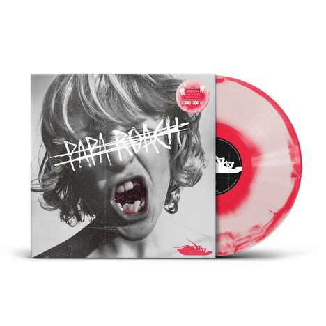 "Deluxe Edition", "Includes 3 Bonus Tracks", "Papa Roach" in weißer Schrift über schreiendem Kind; Rot-weiße Vinyl-Schallplatte.