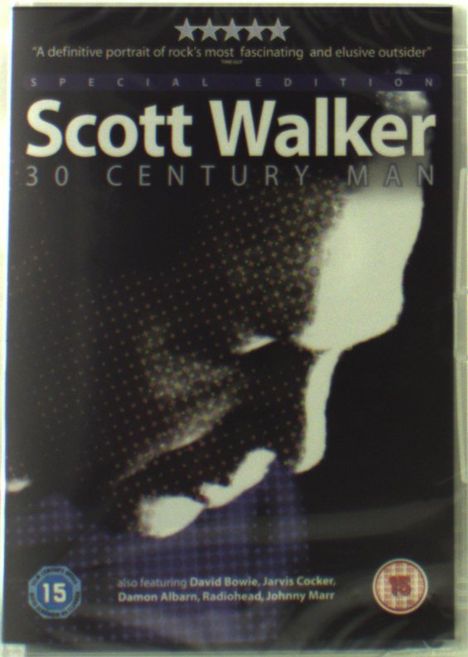 "Scott Walker: 30 Century Man" in großen Buchstaben. Schwarz-weißes Porträt eines Mannes im Hintergrund.