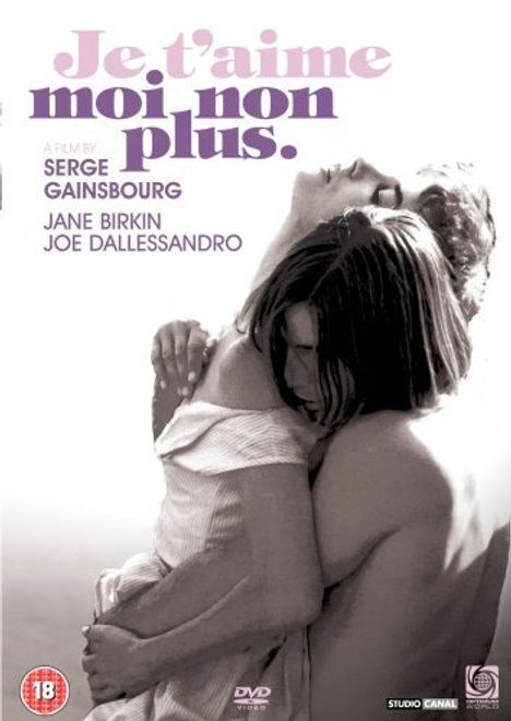 "Je t'aime moi non plus" in lila Schrift. Darunter Serge Gainsbourg, Jane Birkin, Joe Dallesandro. Zwei umarmende Menschen.