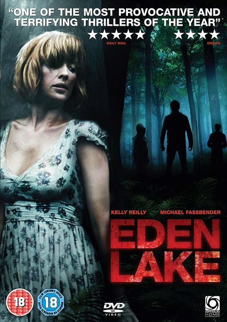 „One of the most provocative and terrifying thrillers of the year“, 5 Sterne. Frau in Wald, Titel: EDEN LAKE.