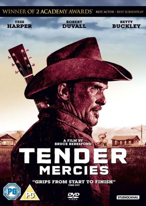 "Tender Mercies" – ein Film von Bruce Beresford. Gewinner von 2 Academy Awards. Ein Cowboy mit Gitarre im Hintergrund.