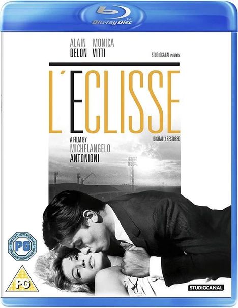 Text: Alain Delon, Monica Vitti, L’Eclisse, StudioCanal, Michelangelo Antonioni, digitally restored. Schwarz-weißes Paarmotiv.