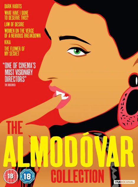 "THE ALMODÓVAR COLLECTION." Frau mit Lippenstift, großen Ohrringen und Finger am Mund vor rotem Hintergrund.