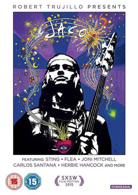 Text: "ROBERT TRUJILLO PRESENTS JACO", mit Künstlernamen, darunter ein Porträt eines Musikers mit einer Gitarre in bunten Farben.