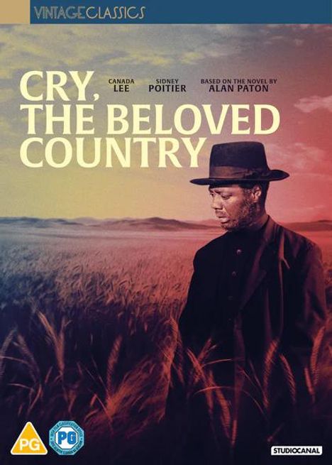 "CRY, THE BELOVED COUNTRY" darüber "VINTAGE CLASSICS". Feld mit Mann in dunkler Kleidung und Hut, nachdenklich blickend.