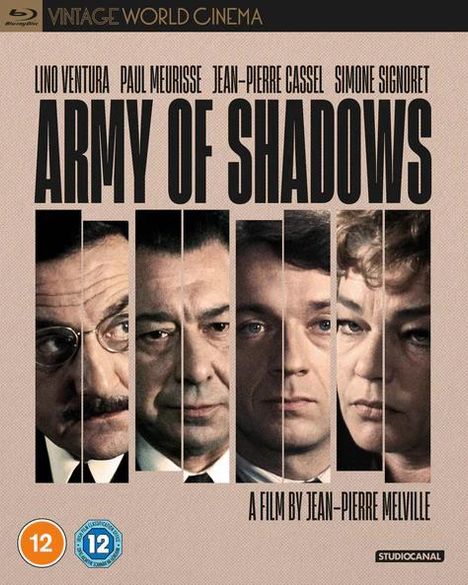 "Army of Shadows", Film von Jean-Pierre Melville. Gesichter von vier Personen in vertikalen Streifen nebeneinander.