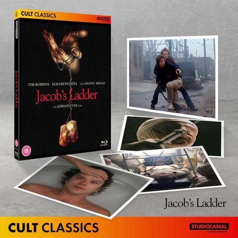 „Jacob's Ladder“ Blu-ray Cover, daneben Filmszenen: Mann wird gestützt, Person in Wasser, Krankenhausbett. Oben „CULT CLASSICS“.