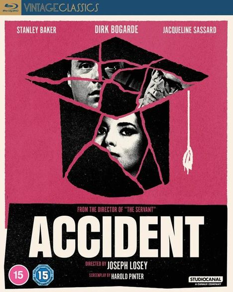 Text: "VINTAGE CLASSICS", "STANLEY BAKER", "DIRK BOGARDE", "JACQUELINE SASSARD", "ACCIDENT", "Directed by Joseph Losey", "Screenplay by Harold Pinter". 

Beschreibung: Stilisiertes Filmplakat mit zerbrochenem Gesicht in einem Studenten-Cap.