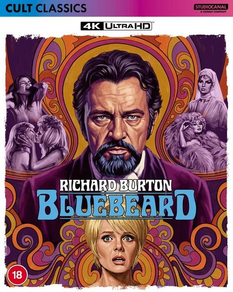 "Oberer Text: Cult Classics, 4K Ultra HD. Titel darunter: Richard Burton, Bluebeard. Illustration: Gesicht eines Mannes."