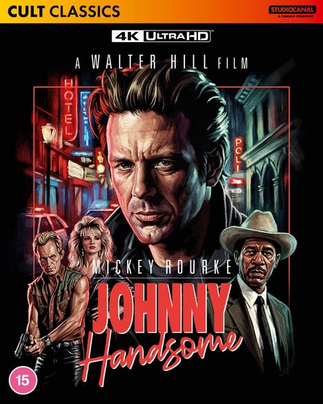 Text: "CULT CLASSICS", "4K ULTRA HD", "A WALTER HILL FILM", "MICKEY ROURKE", "JOHNNY Handsome", "STUDIOCANAL". Illustration mit vier Figuren.