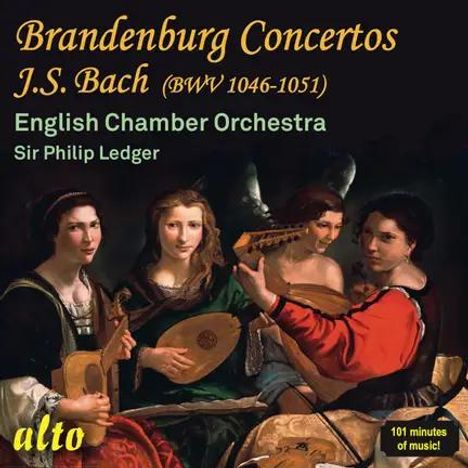 Text: Brandenburg Concertos, J.S. Bach (BWV 1046-1051), English Chamber Orchestra, Sir Philip Ledger.  
Illustration: Vier Personen mit Instrumenten.