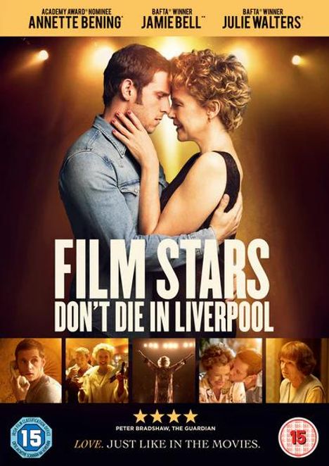 "FILM STARS DON'T DIE IN LIVERPOOL" steht groß mit Bild eines sich umarmenden Paars. Darunter Szenen aus dem Film.