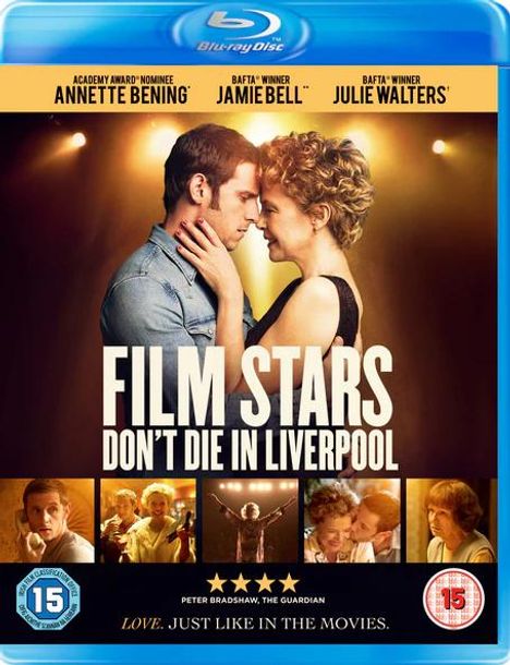 Im Zentrum der Text: "FILM STARS DON'T DIE IN LIVERPOOL". Ein Paar steht sich nahe, darunter Filmszenen.