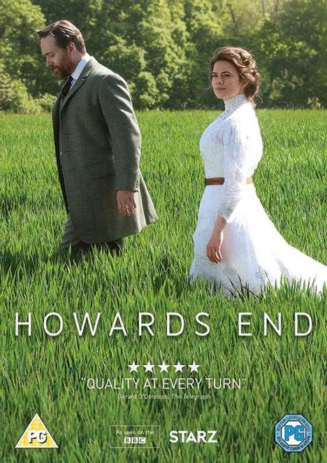 Zwei Personen in einem Feld, darunter Text: "HOWARDS END". Logos der BBC und STARZ sowie Bewertung und Zitate.