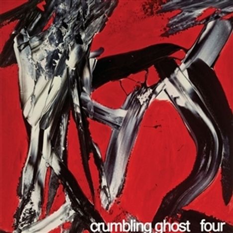 Text: "crumbling ghost four". Abstrakte Kunst mit schwarzen und weißen Pinselstrichen auf rotem Hintergrund.