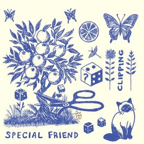 Text: "SPECIAL FRIEND", "CLIPPING". Illustration: Baum mit Früchten, Schere, Katzenfigur, Würfel, Schmetterlinge, Blumen.