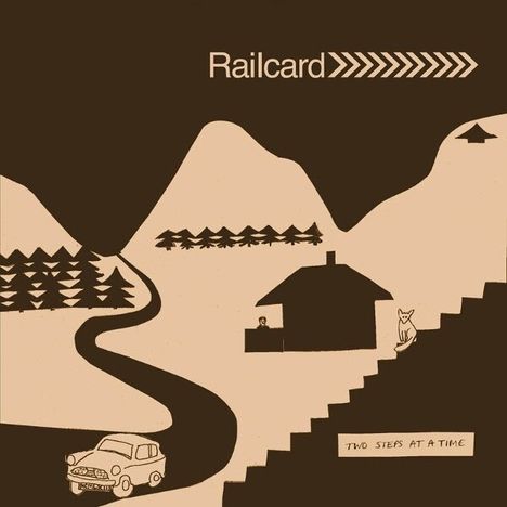 „Railcard“, „Two Steps at a Time“. Illustration: Berge, Straße, Auto, Haus, Katze, Bäume.