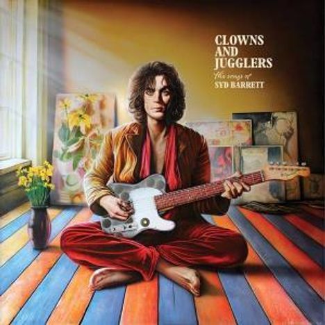 "Clowns and Jugglers: The Songs of Syd Barrett" zeigt eine Person in roter Kleidung, die eine E-Gitarre hält.