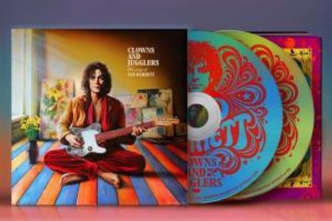 Texte: "Clowns and Jugglers", "Syd Barrett". Person sitzt mit Gitarre auf farbigem Boden. Bunte CDs mit psychedelischen Mustern.