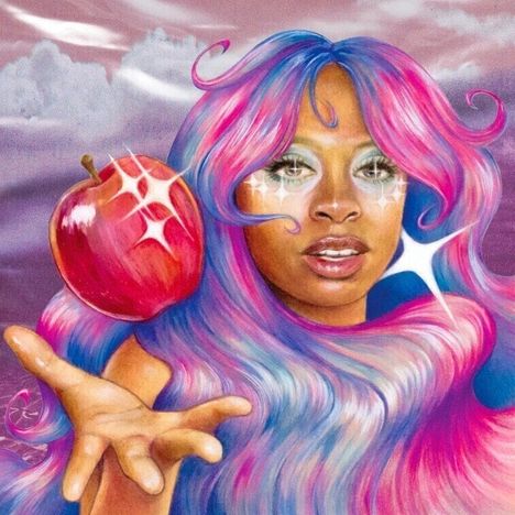 Eine farbenfrohe Illustration einer Person mit rosa-blauem Haar, die einen glitzernden Apfel hält. Sterneneffekte umgeben sie.