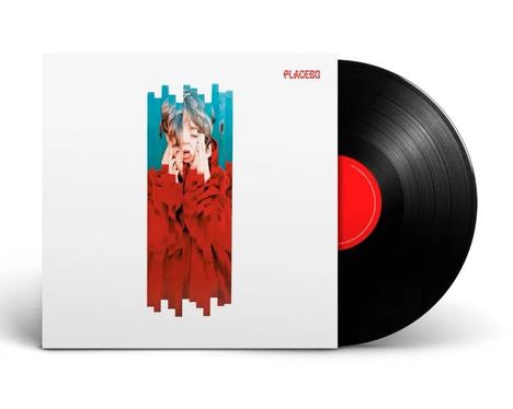 Text: "PLACEBO" in rot oben rechts. Illustration: Person in rotem Gewand, stilisiert. Schwarze Schallplatte daneben.