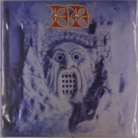 Text oben: Zwei rote Buchstaben mit Totenköpfen. Illustration einer Burg mit einem Gesicht, dessen Mund ein Gitter hat.