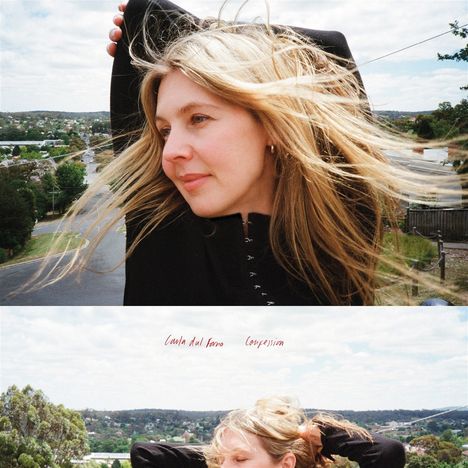 Carla dal Forno Confessions. Eine Frau mit langen Haaren steht im Wind, blickt zur Seite, umgeben von einer Landschaft.