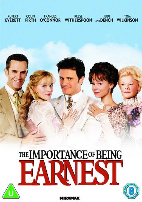 "The Importance of Being Earnest" in großer Schrift. Oben die Namen der Schauspieler, darunter eine Gruppe von elegant gekleideten Personen.