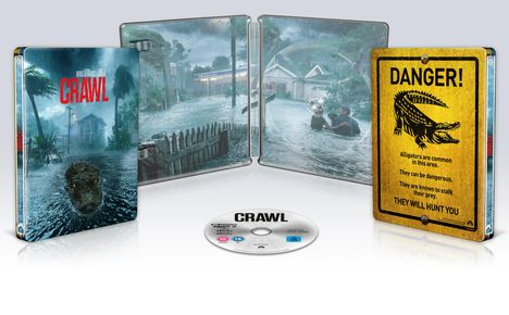„Crawl“ in Rot, Alligator-Gefahrenschild, Hochwasser-Szene mit Alligator, DVD Cover und Disc.
